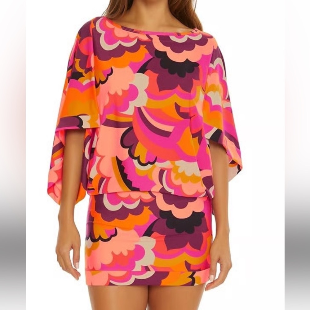 Trina Turk Colorful Floral Batwing Sleeve coverup size S